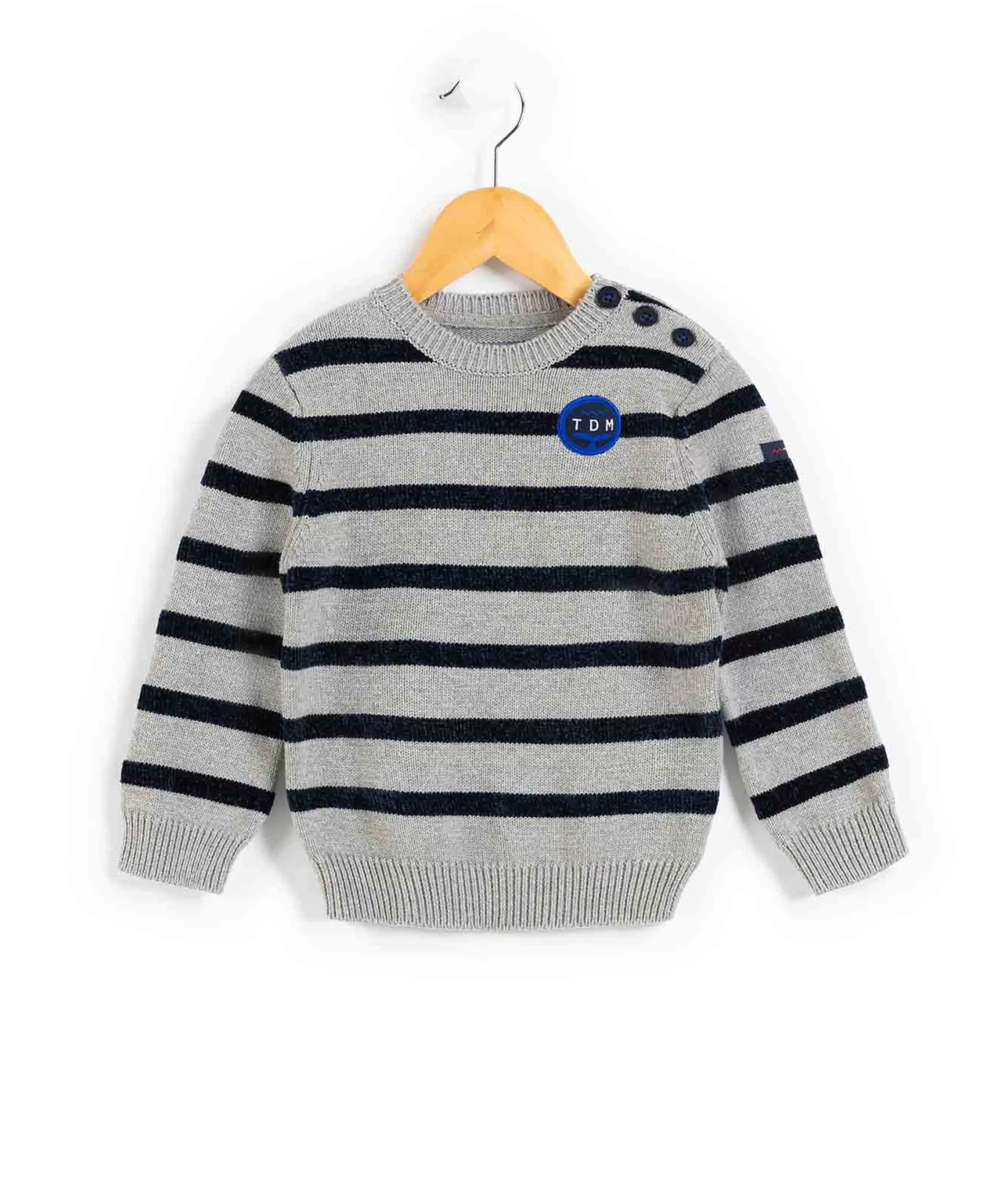 Terre de Marins PULL FOND GRIS CHINE RAYE INDIGO KOMARIN Store