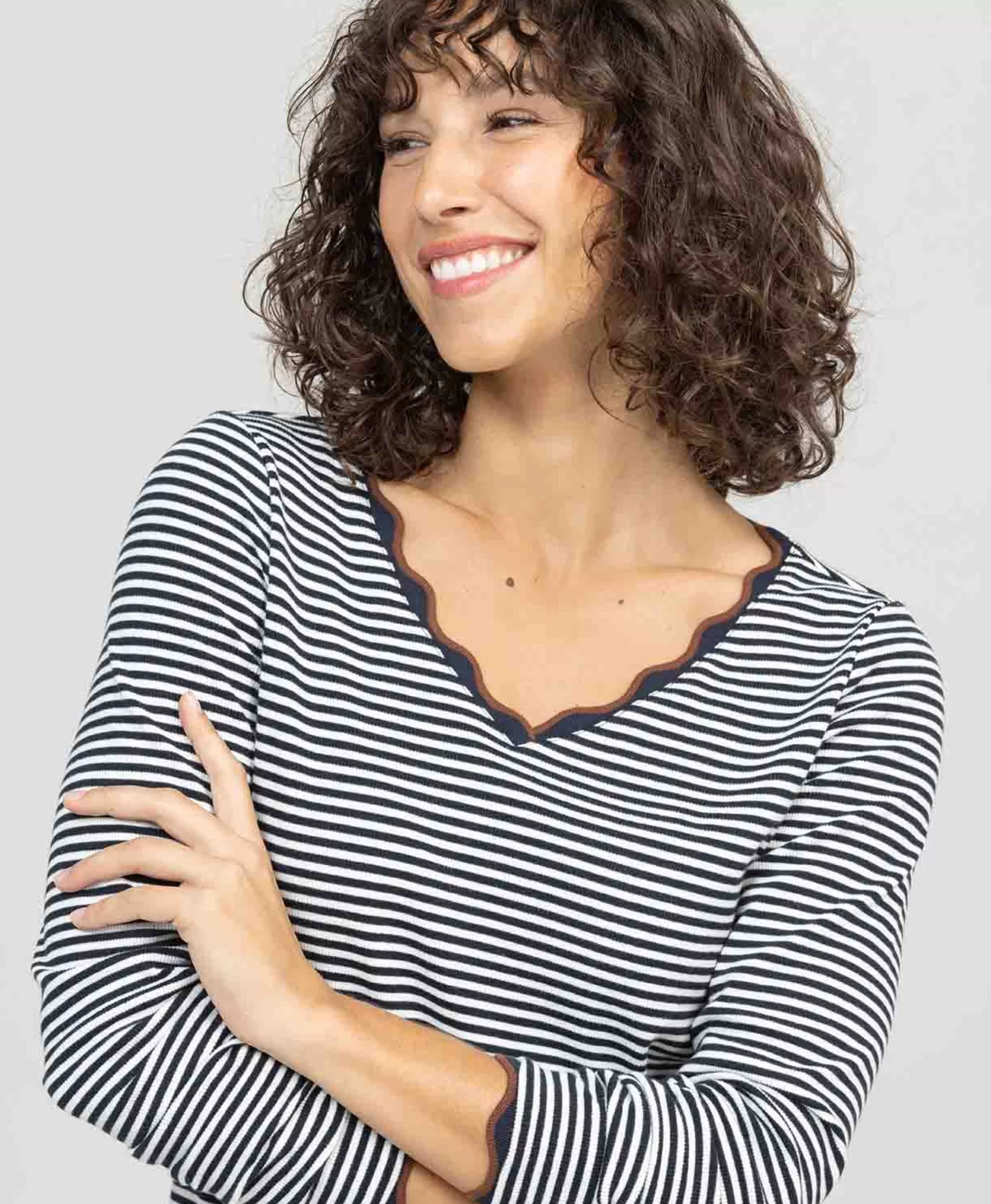 Terre de Marins TEE SHIRT ML FOND NATUREL RAYE INDIGO RAIES Clearance